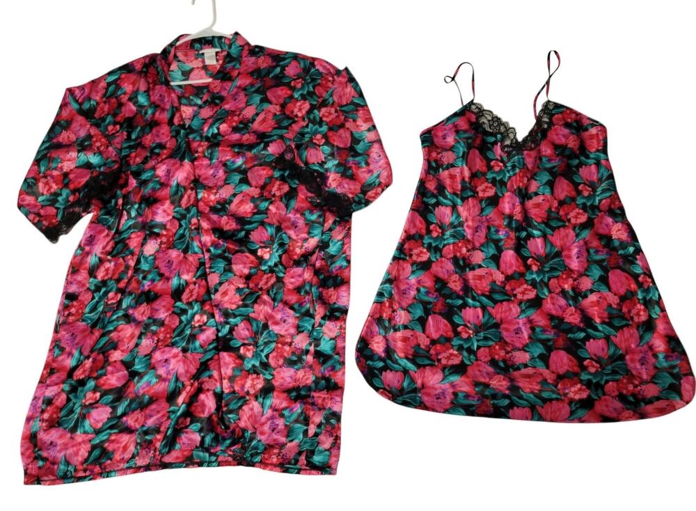 Vintage Nordstrom Lingerie Sleep Set Satin Floral Pattern Lace Women's Size L